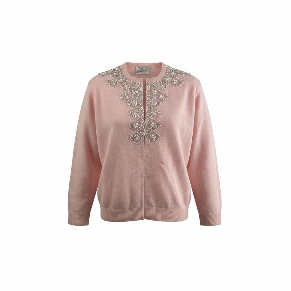 Vintage 1950s Pink Beaded Sequin Angora Lambswool Cardigan Sweater S